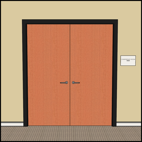 Double leaf door with handles on each leaf and sign on wall right of door.