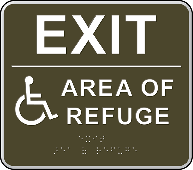 EXIT sign with ISA symbol and quote area of refuge unquote in high contrast tactile characters with braille.