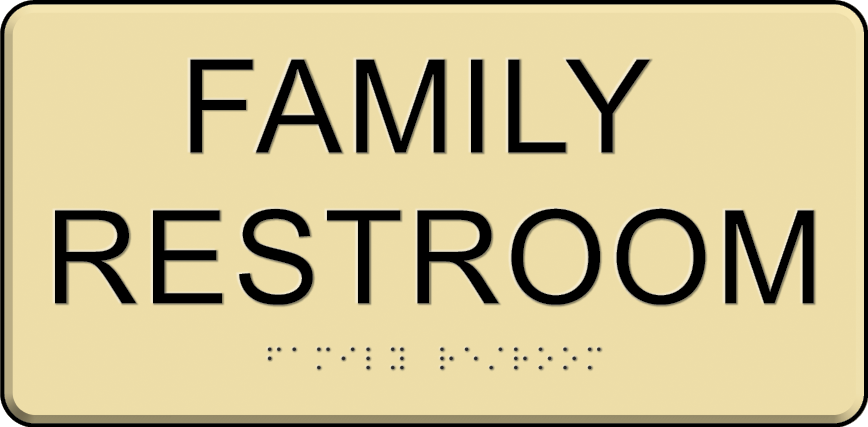 FAMILY RESTROOM sign with black letters on a light tan background, braille below.