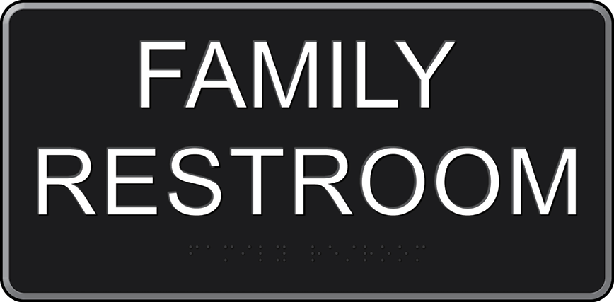 FAMILY RESTROOM sign with white characters on a black background