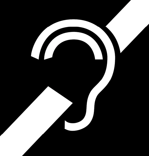 I S A pictogram for assistive listening system, an ear with a thick diagonal line from bottom left to top right