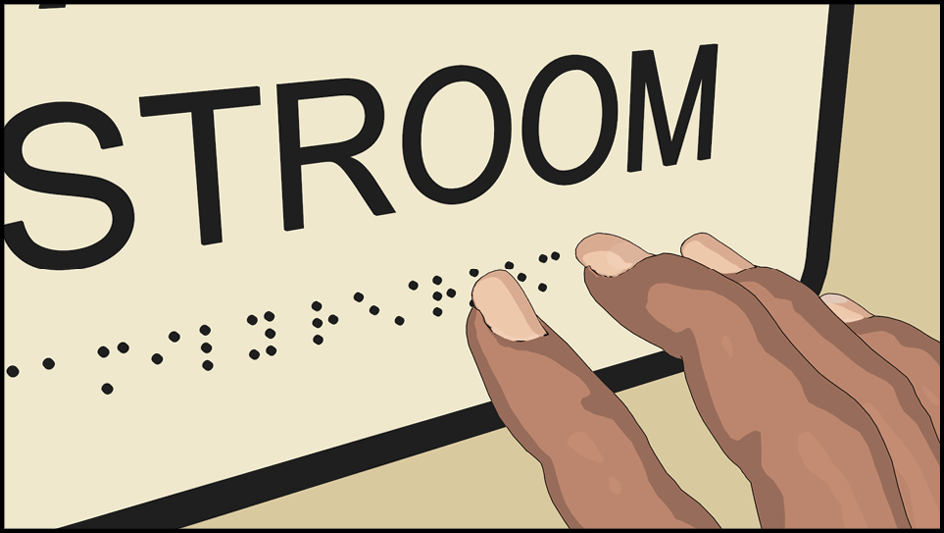 Closeup illustration of fingers touching line of braille characters.  Above the brailles are the letters s t r o o m.