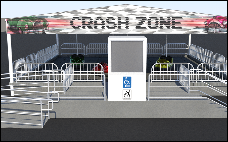 Bumper Cars attraction with ramp and stairs leading to boarding area. Signs indicate direction of accessible route and need to transfer from wheelchair.