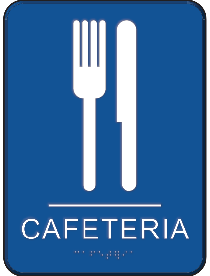 Cafeteria sign with pictogram of fork and knife.