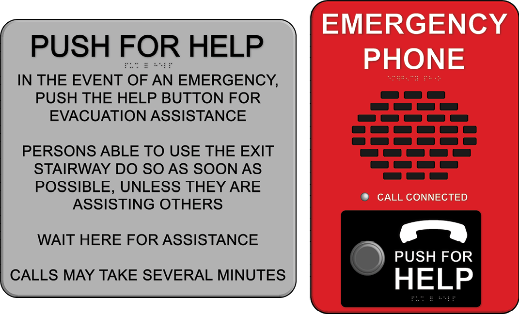 Sign with quote Push for Help unquote in tactile and braille characters next to EMERGENCY PHONE.  Additional instructions are only in visual characters.
						