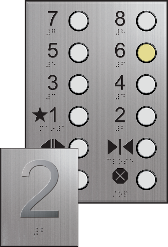 Elevator button panel with detail showing low contrast floor level sign with tactile number 2 and braille