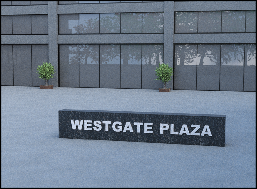 WESTGATE PLAZA embossed on stone monument in front of office building