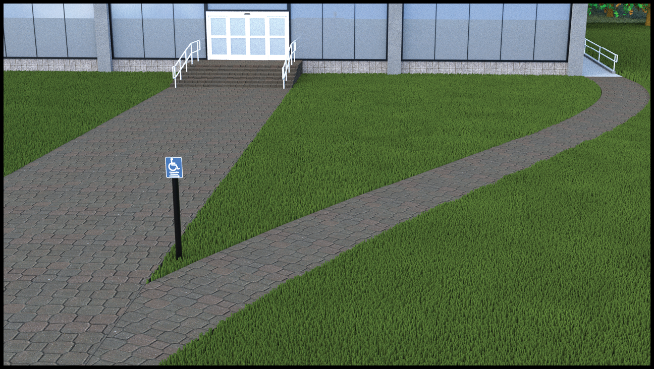 ISA sign located at fork in path leading to different entrances of building. Wider straight path leads to stairs beyond ISA sign, which has arrow pointing right towards entrance with ramp.