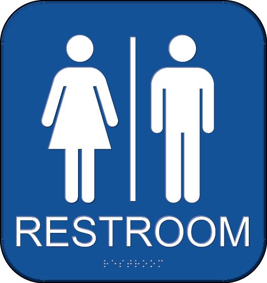 Restroom sign with pictograms of a man and woman.