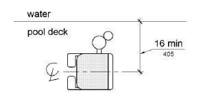 A plan view shows pool lift seat located over the deck 16 inches minimum from the edge of the pool, measured to the seat centerline.