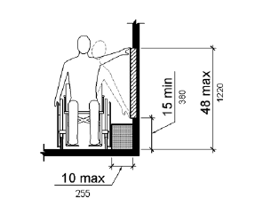 The drawing shows a frontal view of a person using a wheelchair making a side reach to a wall.  The depth of reach is 10 inches (255 mm) maximum.  The vertical reach range is 15 inches (380 mm) minimum to 48 inches (1220 mm) maximum.