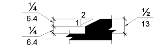 Elevation drawing of a change in level ¼ to ½ inches (6.4 - 13 mm) high that is beveled with a slope of 1:2.