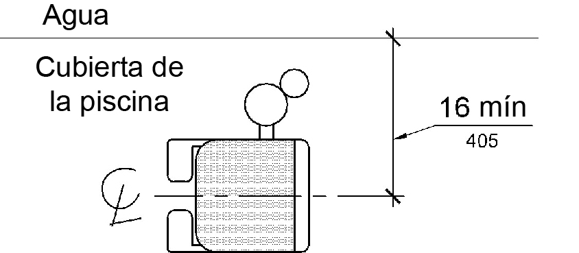 Una vista de plano muestra el asiento elevador de la piscina ubicado sobre la cubierta a 16 pulgadas como mínimo desde el borde de la piscina, medido hasta la línea central del asiento.