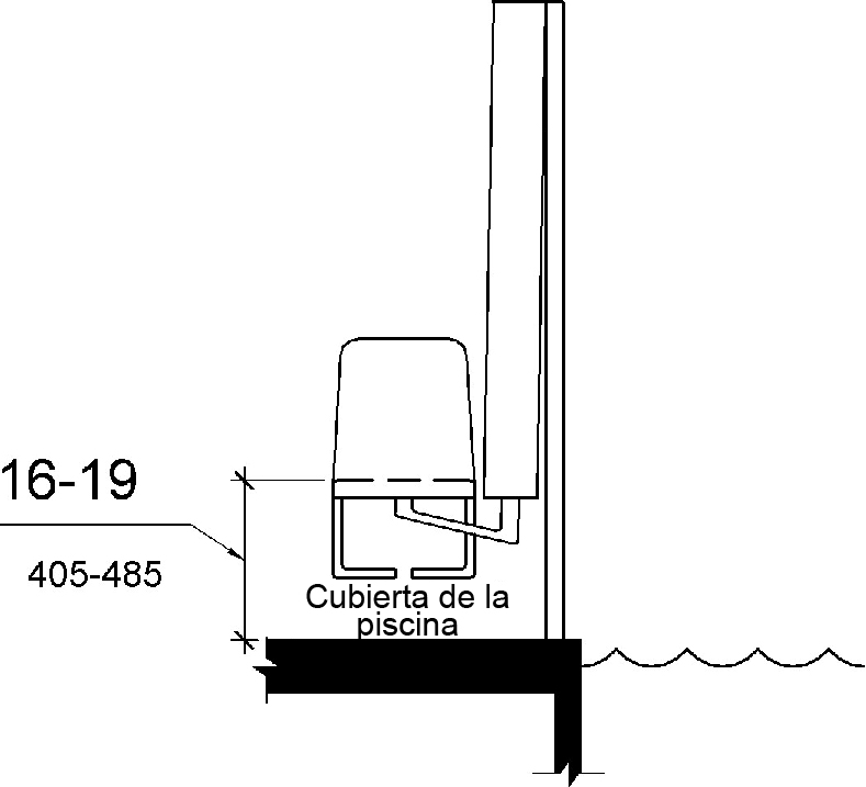 Un dibujo de elevación muestra que la altura del asiento de elevación de la piscina es de 16 a 19 pulgadas (405 a 485 mm) medida desde la cubierta hasta la parte superior de la superficie del asiento cuando está en la posición elevada (carga).