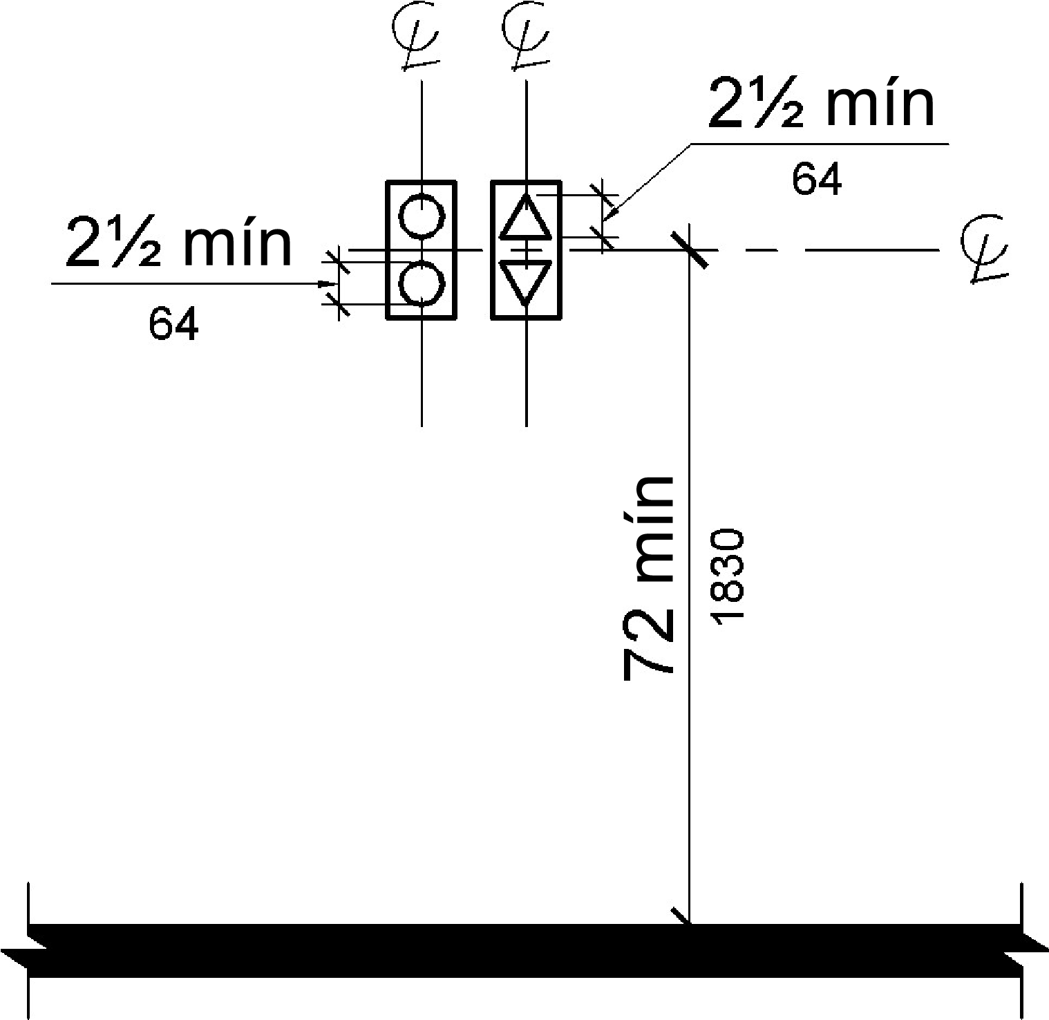 Las señales visibles se muestran centradas a 72 pulgadas (1830 mm) como mínimo sobre el suelo.  Los elementos individuales “arriba” y “abajo”, uno con elementos circulares, otro con elementos triangulares, son de 21/2 pulgadas (64 mm) como mínimo medidos a lo largo de la línea central vertical del elemento