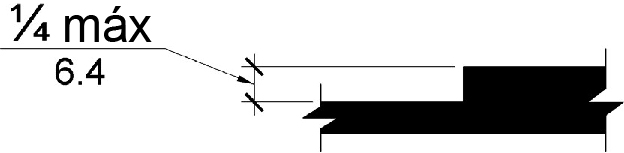 Dibujo de elevación de un cambio de nivel entre las superficies de dos planos paralelos con un borde vertical de 1/4 de pulgada (6,4 mm) de altura como máximo.