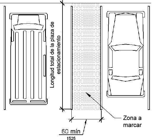 Una furgoneta y una plaza de aparcamiento se muestran en la vista del plano compartiendo un pasillo de acceso.  Se muestra que el pasillo de acceso tiene un mínimo de 60 pulgadas (1525 mm) de ancho y es tan largo como el espacio de estacionamiento.  Se marcará toda la longitud del área del pasillo