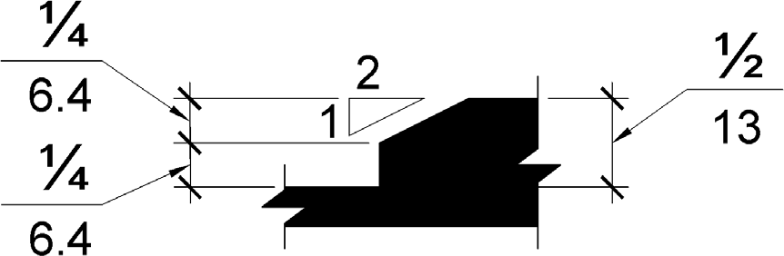 Dibujo de elevación de un cambio en el nivel de 1/4 a 1/2 pulgadas (6.4 - 13 mm) de altura que está biselado con una pendiente de 1: 2.