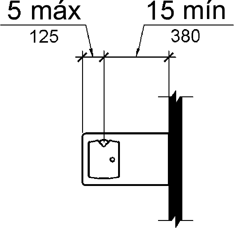 En la vista del plano, se muestra que el caño tiene un mínimo de 15 pulgadas (380 mm) desde el soporte vertical y 5 pulgadas (125 mm) desde el borde frontal de la unidad.