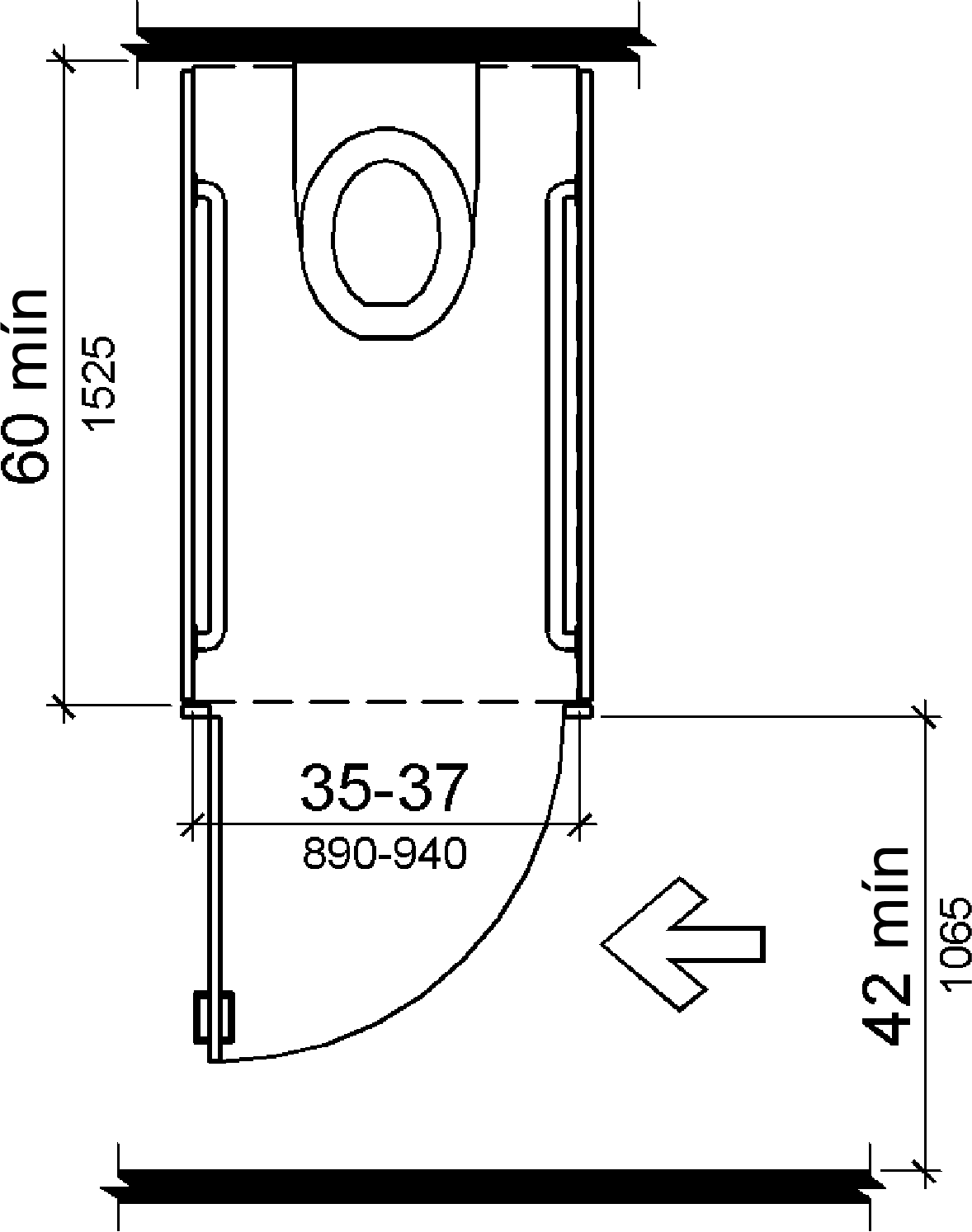 El compartimento tiene 60 pulgadas (1525 mm) de profundidad mínima y 35 a 37 pulgadas (890 a 940 mm) de ancho, con barras de agarre en ambos lados.   El espacio mínimo entre el lado de la puerta del puesto y cualquier obstrucción es de 42 pulgadas (1065 mm)