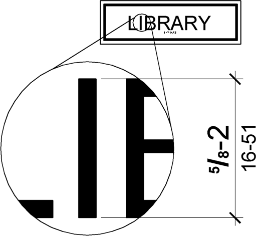 Un detalle ampliado muestra que la altura del carácter medida desde la línea de base del carácter es de cinco octavos a 2 pulgadas (16 a 51 mm) según la letra I mayúscula.