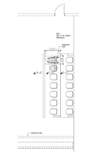 Plan view drawing of jury box with first tier and wheelchair space on well floor level 