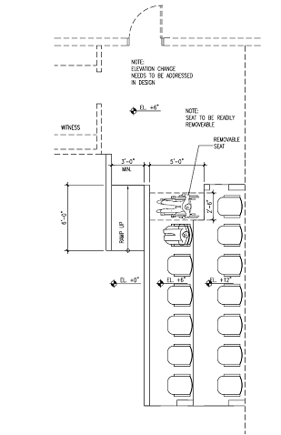 Plan view drawing of jury box with the first tier, which contains a wheelchair space, raised 