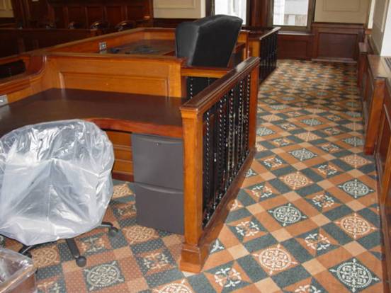Judge's bench in a new courtroom with a ramp