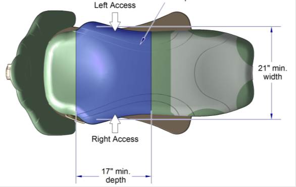 Top view of dental chair depicting transfer from both sides onto a transfer surface that is 21 inches wide and 17 inches deep.