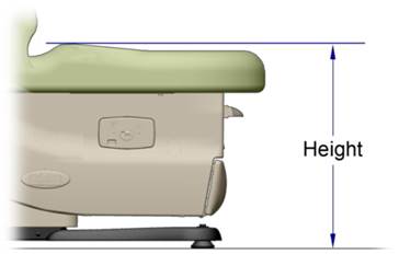 Picture showing the side of an examination table with an arrow illustrating the is to be measured from the highest point of the seat.  The seat is contoured higher on the sides then in the middle.
