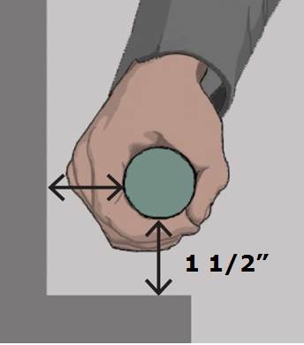 Picture of a hand around a transfer support.  Arrows at adjacent sides show a gripping surface clearance of 1 1/2 inches.