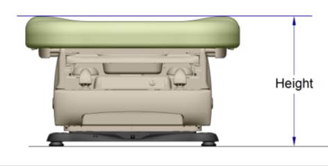 Picture showing the foot end of the examination table with an arrow illustrating the is to be measured from the highest point of the seat.  The seat is contoured higher on the sides then in the middle.