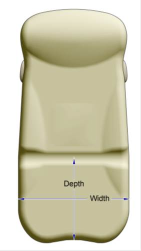 A picture showing the plan view of an examination table.  Arrows are depicting the measurement of depth and width from the center point of the transfer surface sides.