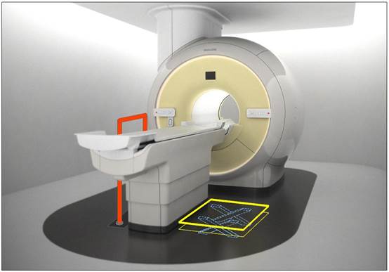 Illustration of imaging equipment with various accessories deployed as part of an accessibility configuration. The first illustration shows a floor mounted support combined with a scissor lift. 