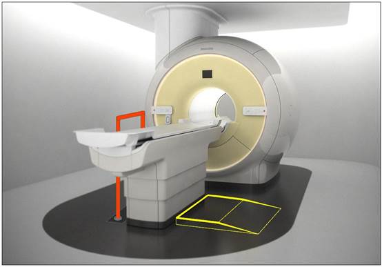 Illustration of the conceptof various accessories deployed as part of an accessibility configuration.  The illustration shows the floor mounted support combined with the elevated platform.