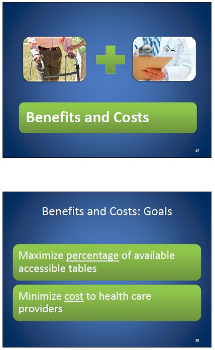 Slide 17: Benefits and Costs.  Slide 18: Goals -  Maximize percentage of available accessible tables; minimize cost to health care providers.