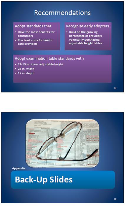 Slide 31 contains recommendations and slide 32 states back-up slides.