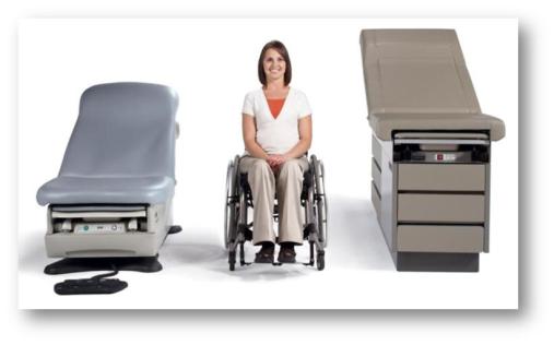 Fixed height examination table on right, adjustable height examination  table on left.  Woman in manual wheelchair positioned between the two tables.