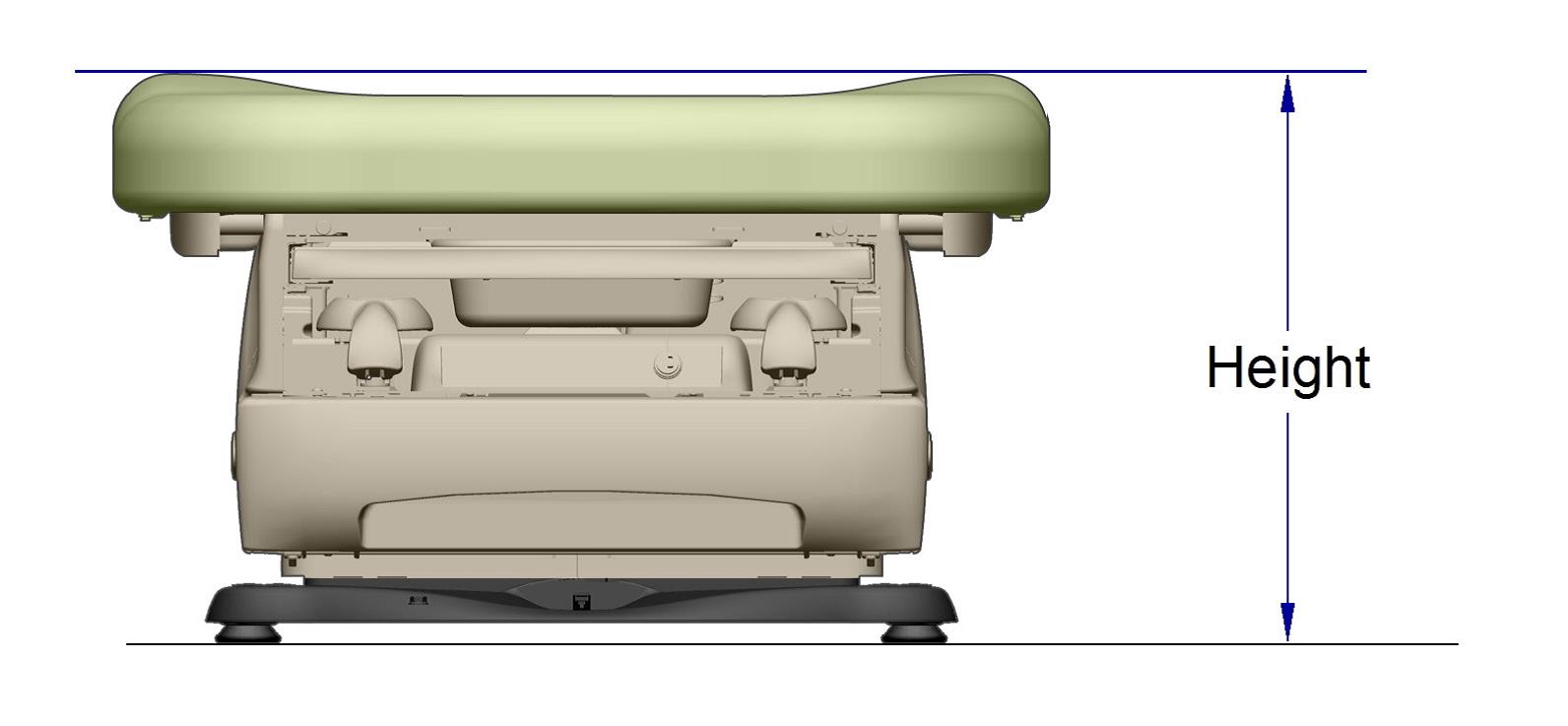 Picture showing the foot end of the examination table with an arrow illustrating the is to be measured from the highest point of the seat.  The seat is contoured higher on the sides then in the middle.