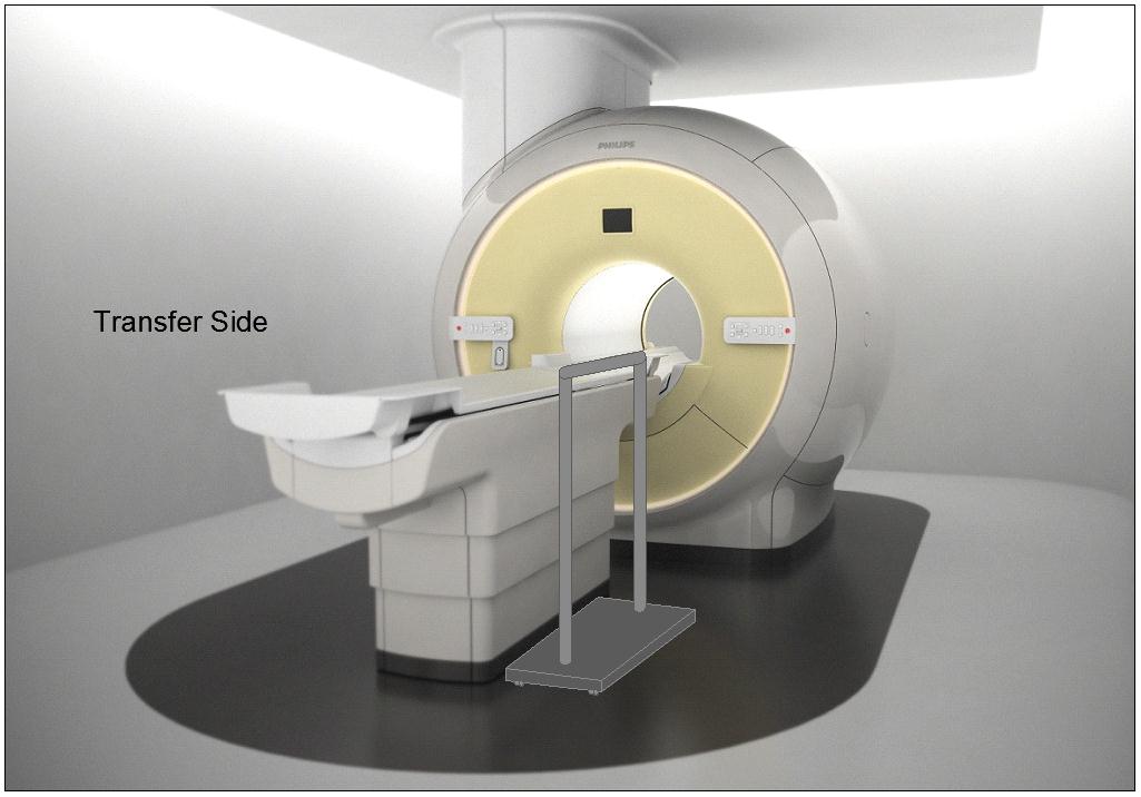 Illustration of a wheeled support on a CT Scan. The wheels would lock and the base is sufficiently robust and sized for appropriate loadings. The support could be made to be height adjustable.