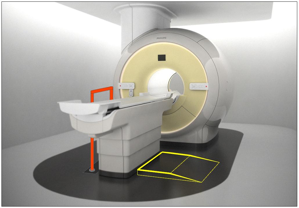 Illustration of the concept of various accessories deployed as part of an accessibility configuration.  The illustration shows the floor mounted support combined with the elevated platform.