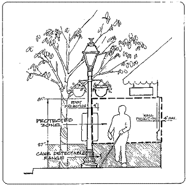 Post-mounted object seen in elevation, dimensioned to indicate 4" maximum protrusion.