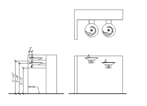 Plan, side and front elevation views of an accessible hi-lo drinking fountain. Fountains are mounted on a short wall that turns a 90 degree corner at the end by the high fixture, forming a cane detectable barricade adjacent to the fixture group. The low fountain has its bottom edge at 27" above grade and does not have a barrier wall.