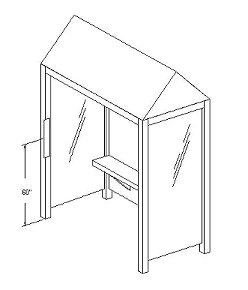 Isometric view of a bus shelter indicating the location of accessible signage at the leading (front) end of the side wall at the end where the front of the bus will stop.