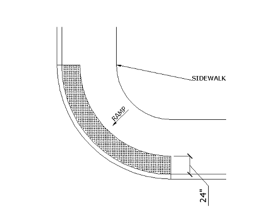 Shows detectable warning at blended curb