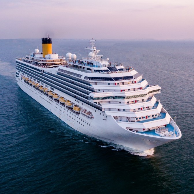 cruise ship at sea (photo is from a birds eye perspective)
