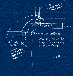 Sketch of improvements to a corner to add a bulb-out, new curb ramps, and APS pedbuttons.