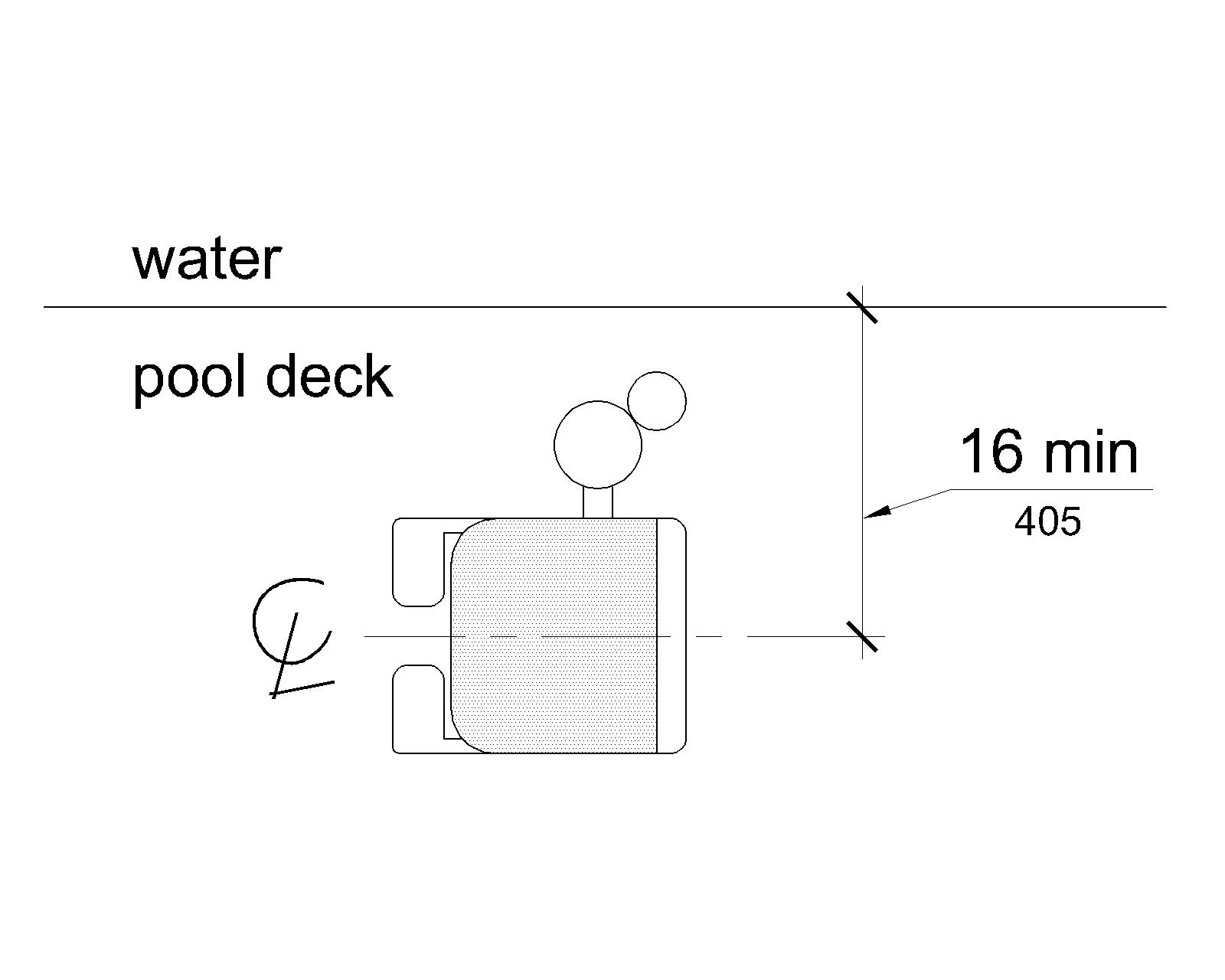 A plan view shows pool lift seat located over the deck 16 inches minimum from the edge of the pool, measured to the seat centerline.