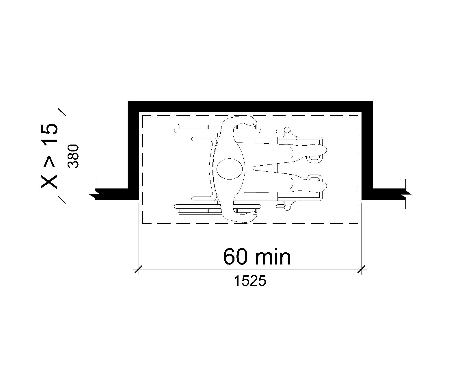 For a parallel approach, if the depth of the alcove is greater than 15 inches (380 mm), then the length of the clear deck space within the alcove must be 60 inches (1525 mm) minimum.