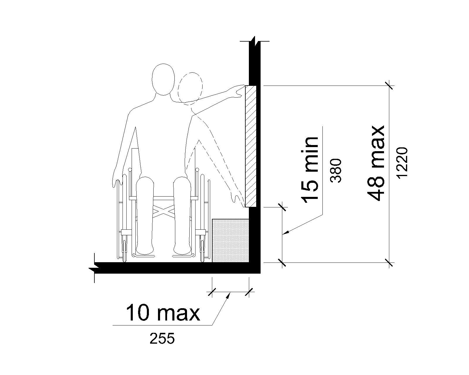 The drawing shows a frontal view of a person using a wheelchair making a side reach to a wall. The depth of reach is 10 inches (255 mm) maximum. The vertical reach range is 15 inches (380 mm) minimum to 48 inches (1220 mm) maximum.